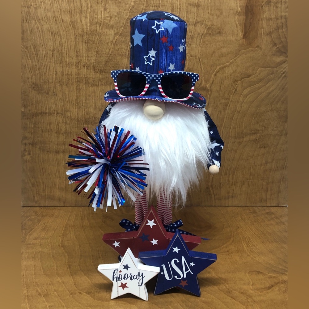 USA Gnome Telescopic Legs July 4th Stars Stripes Top Hat Red White Blue Pom Pom